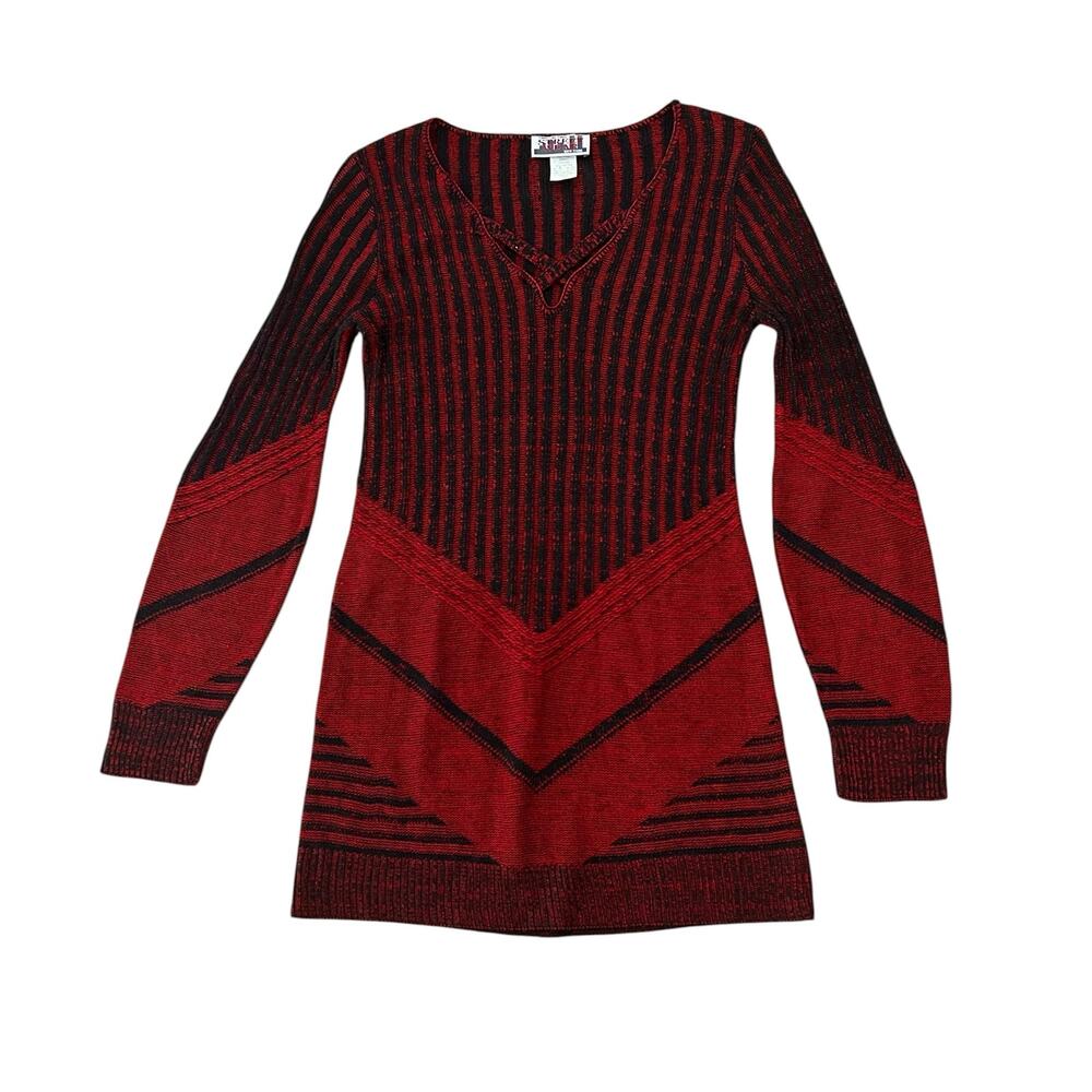 Vintage Whimsigoth Red Black Knit Tunic Sweater Street Wear Gothic Grunge M -